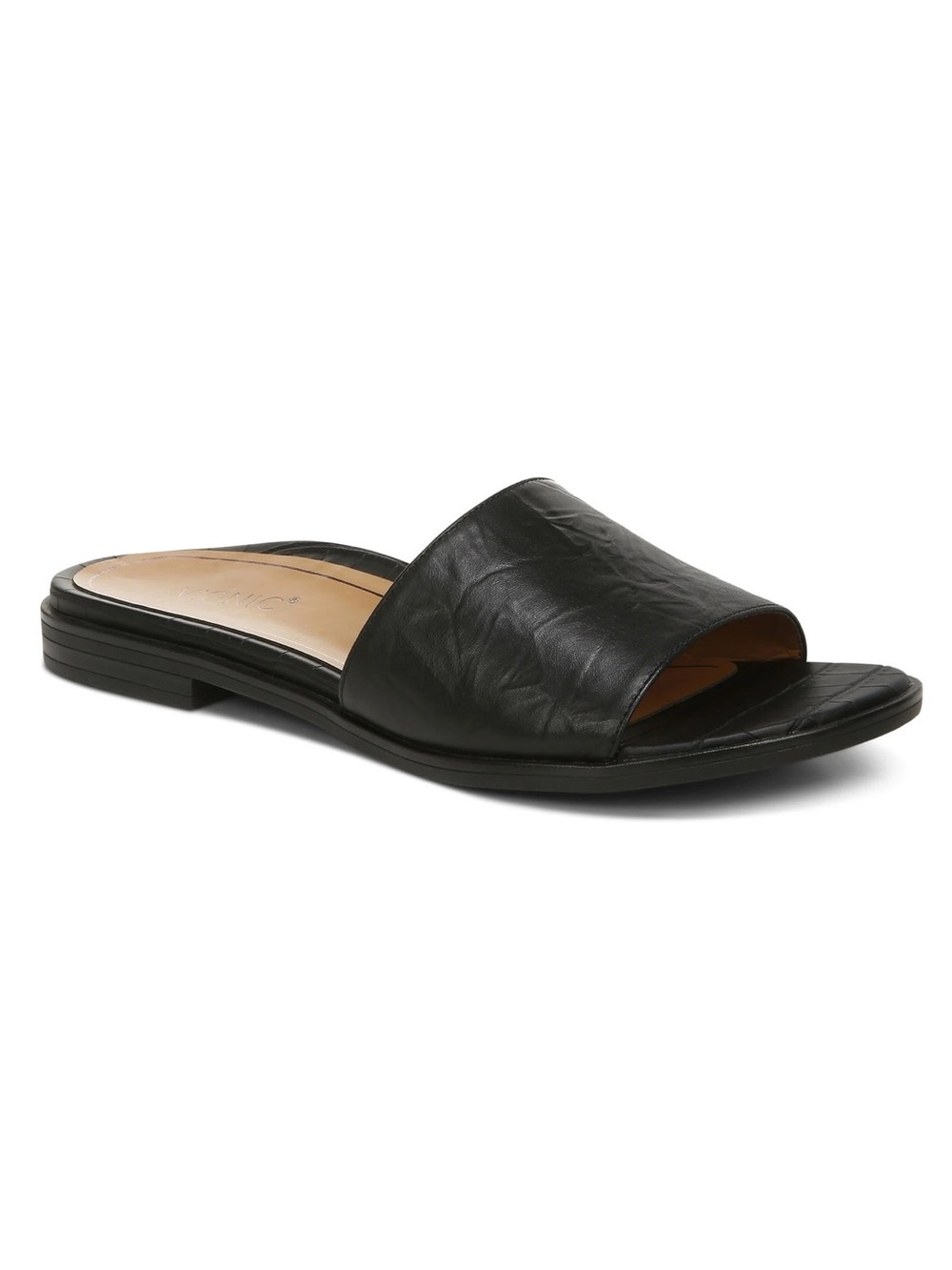 Vionic Black Slide Sandals with Scalloped Leather Size 9